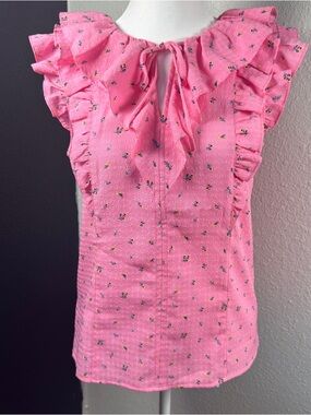 LOFT Pink Ruffle Neck Cap-Sleeve Blouse